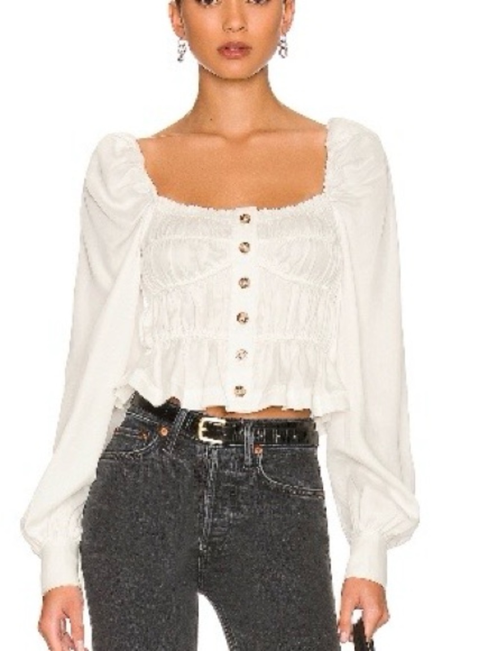 L'Academie White Smocked Square-Neck Puff Sleeve Blouse